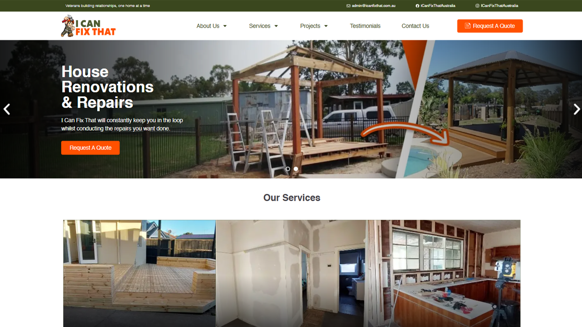 A website homepage for "I Can Fix That" showcasing outdoor renovation projects, including a wooden deck and a gazebo under construction.