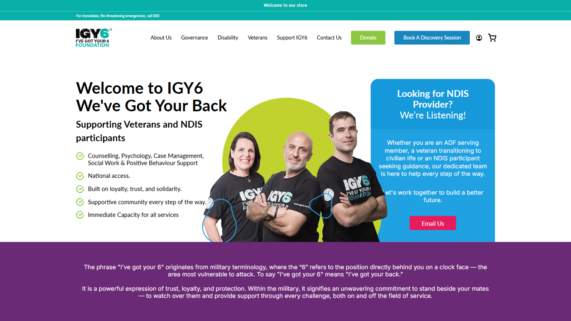 A website homepage for "IGY6 Foundation" featuring three team members in branded black t-shirts and information about supporting veterans and NDIS participants.