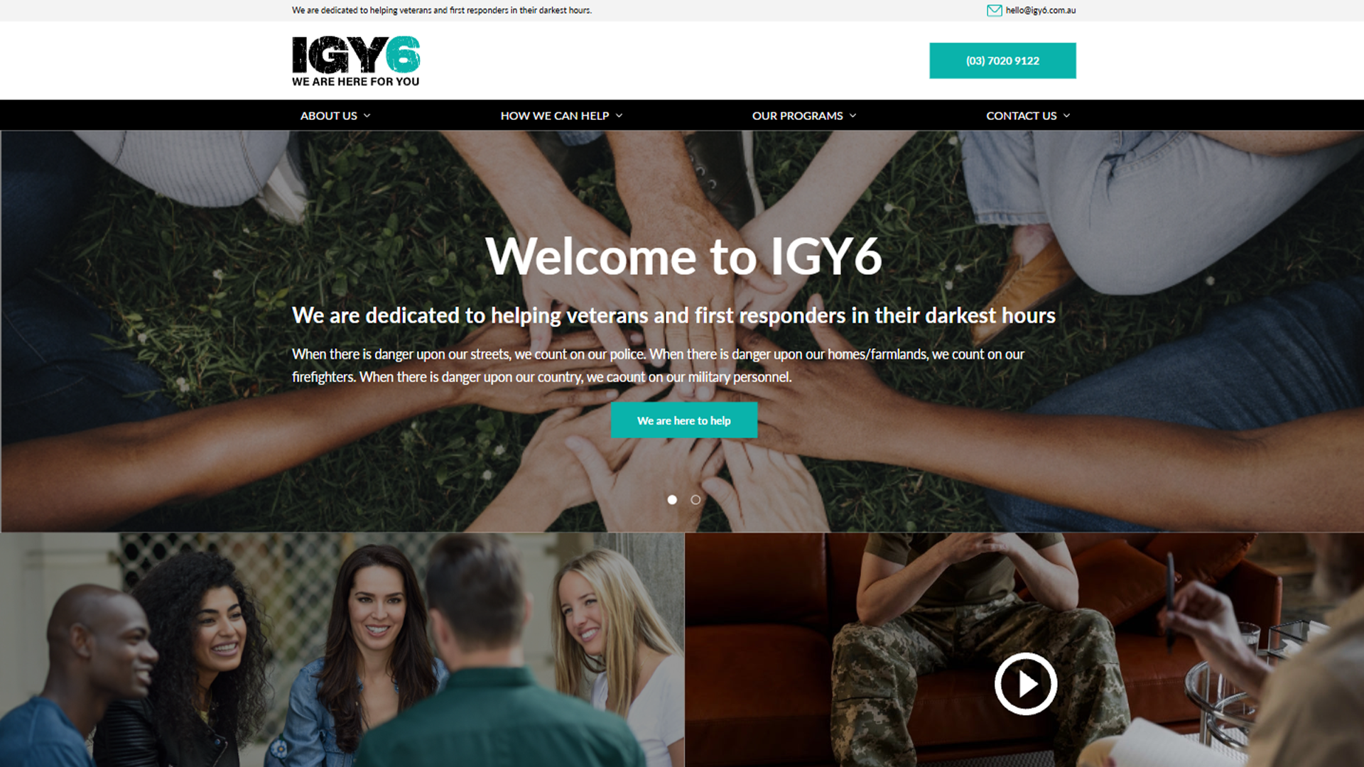 A website homepage for "IGY6" featuring a hero image of multiple hands joined together in the center, symbolizing community and support for veterans and first responders.