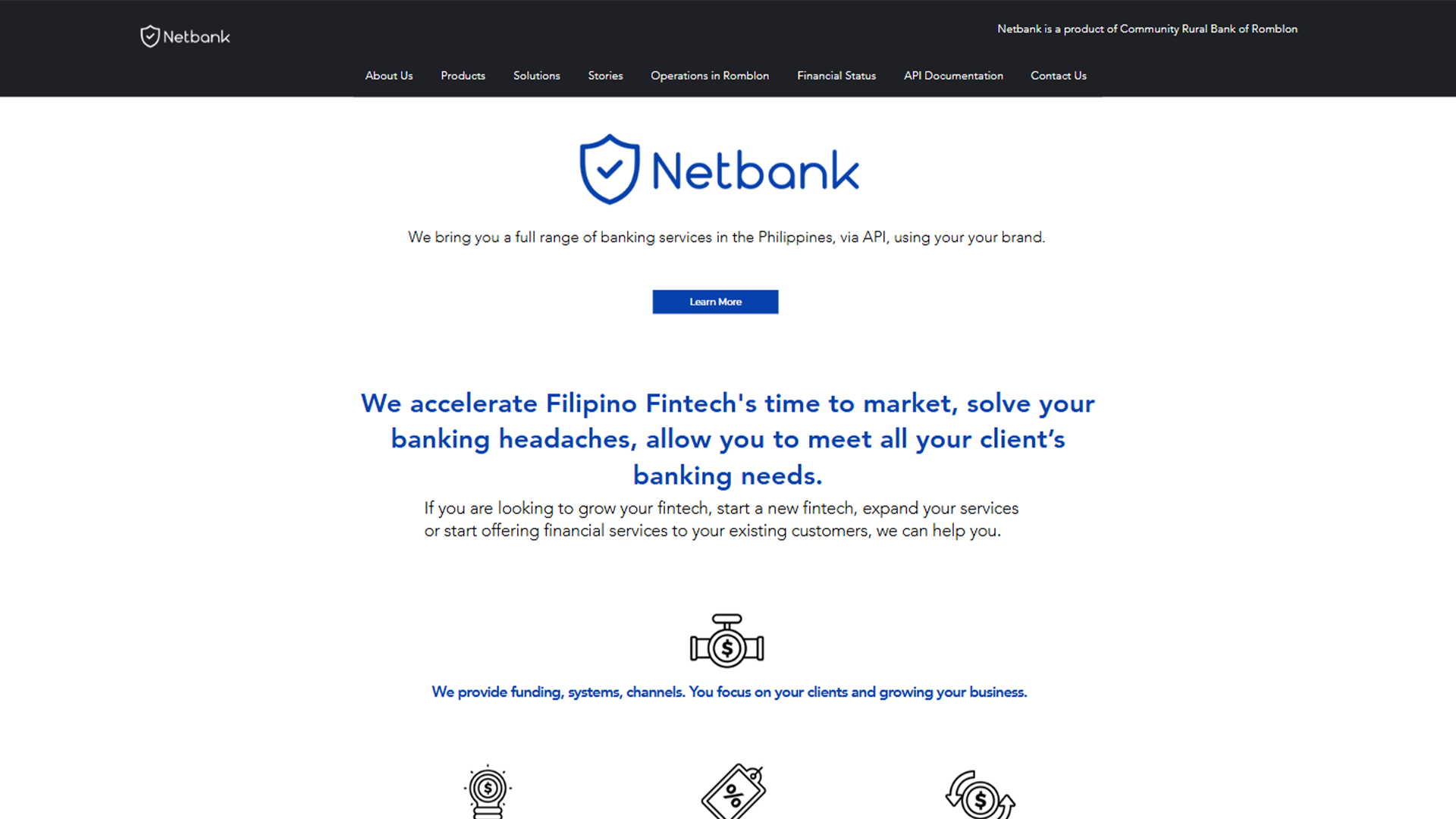 A webpage for "Netbank" displaying banking services for Filipino Fintechs, featuring a blue shield logo and a white background with descriptive text and icons.