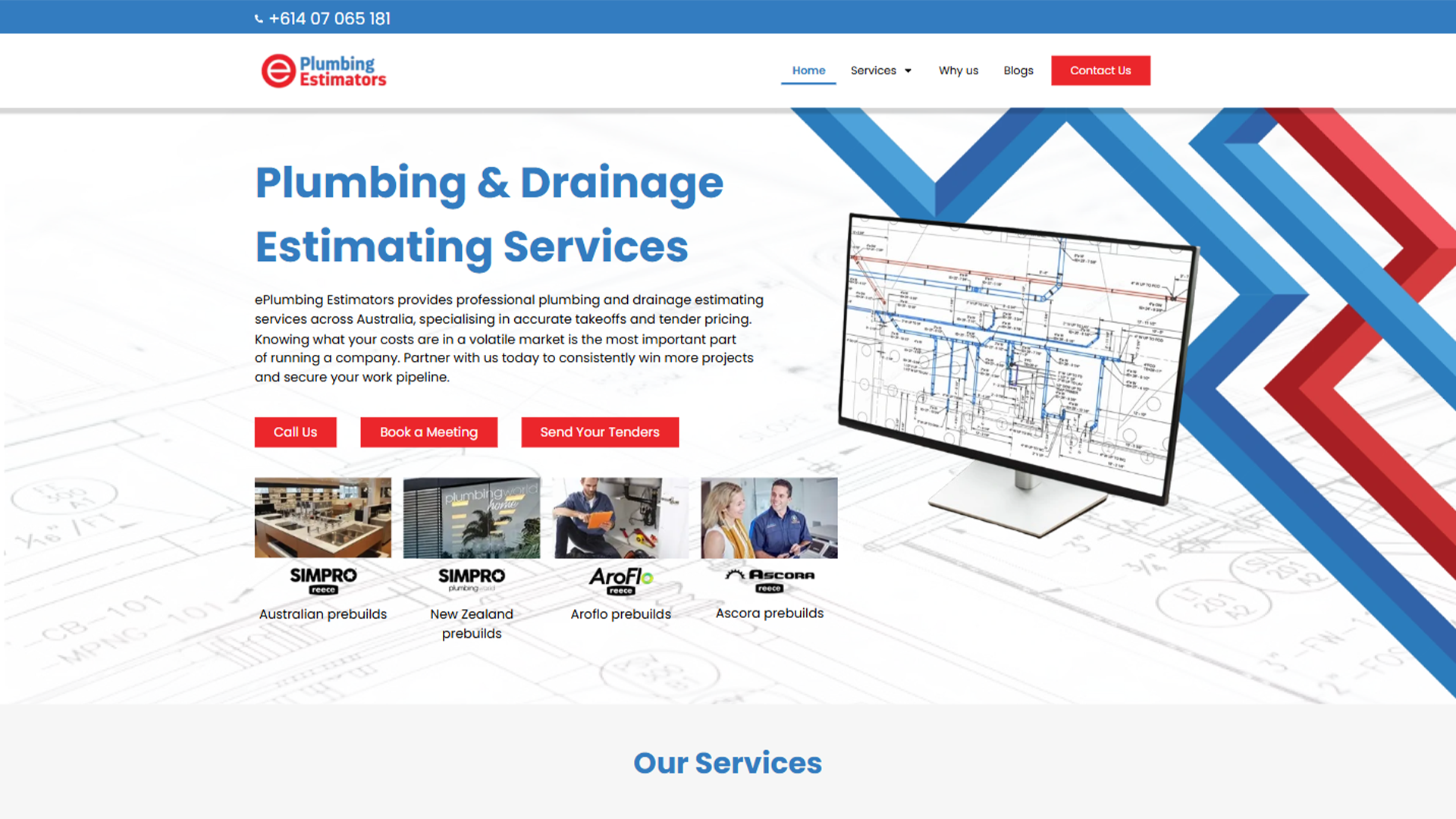 A website homepage for "ePlumbing Estimators" featuring a blue and red color scheme, a large monitor displaying a technical plumbing blueprint, and links to Australian and New Zealand prebuild services.