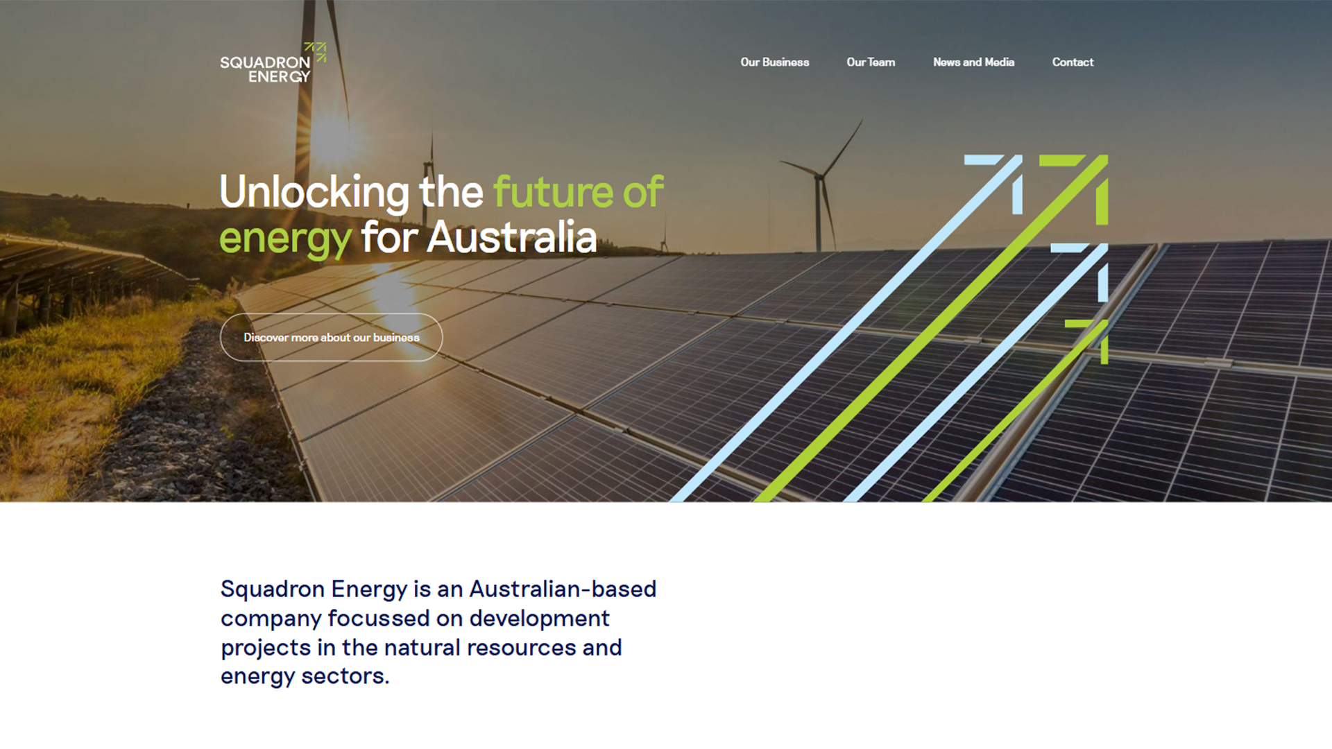 Squadron Energy website hero banner featuring solar panels and wind turbines with the headline "Unlocking the future of energy for Australia."