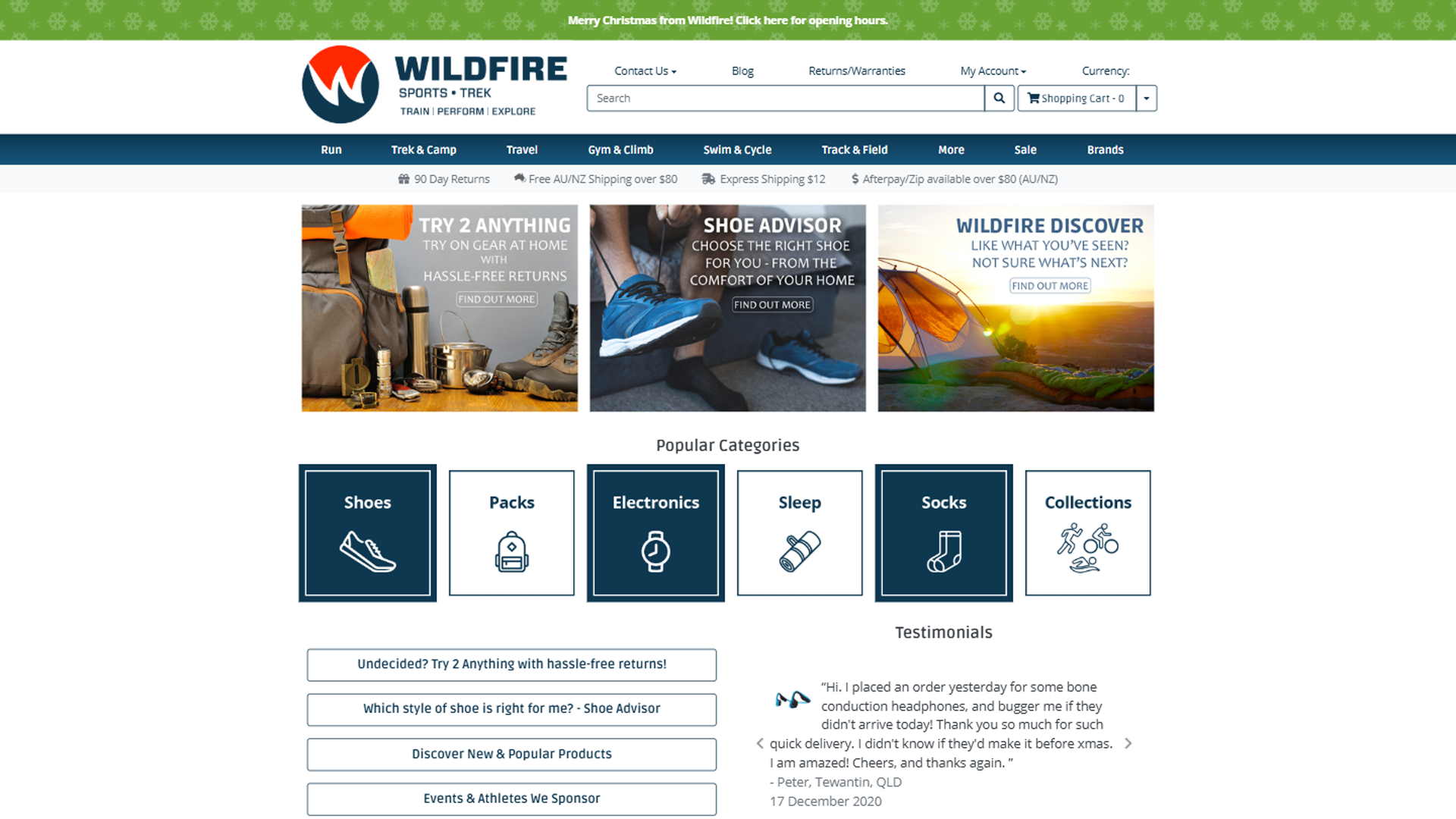 Homepage of Wildfire Sports & Trek e-commerce website featuring outdoor gear categories, shoe advisor, and customer testimonials.