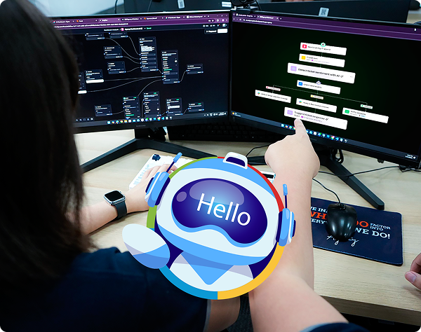 Close-up of a digital workspace showing complex flowcharts for AI sentiment analysis and ticket automation on dual screens.