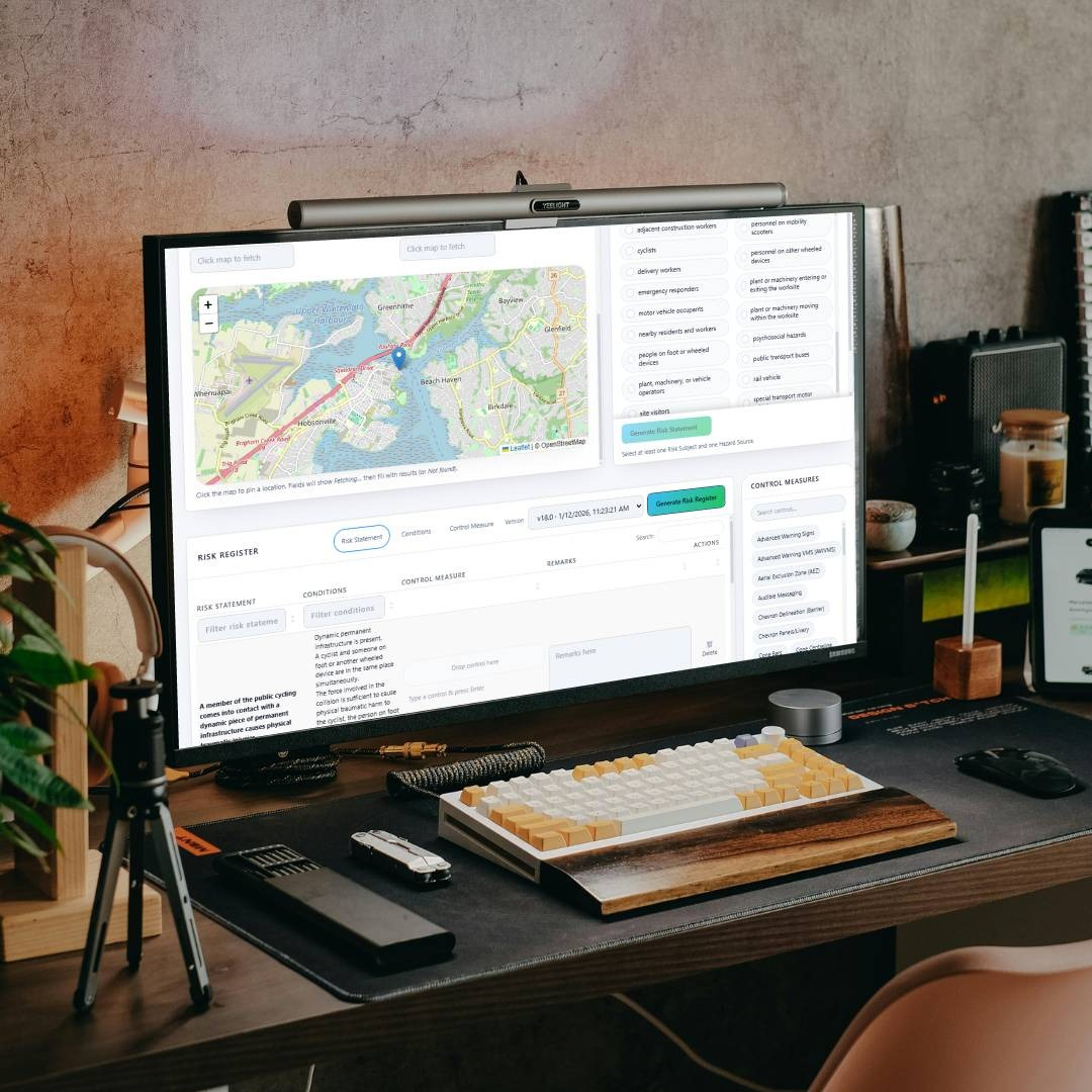 A modern desk setup featuring a large monitor displaying a risk register interface and map, a mechanical keyboard with a wooden wrist rest, and various productivity accessories.